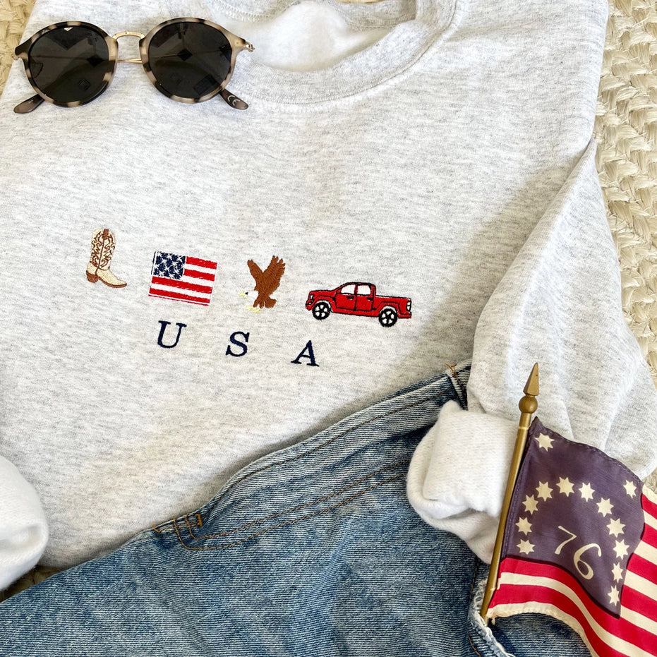 USA Embroidered Icons Crewneck Sweatshirt, Ash