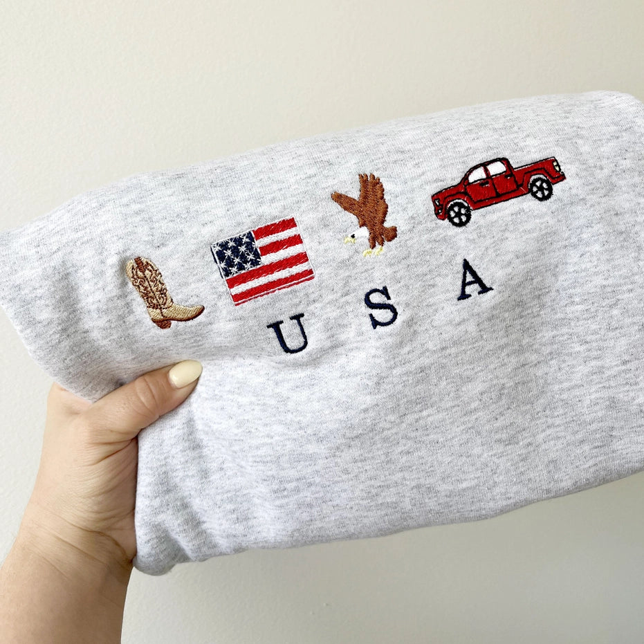 USA Embroidered Icons Crewneck Sweatshirt, Ash